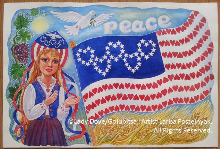 Larisa's Cartoon Page about hero-girl Lady Dove (Watercolor Painting 2014). This Art-work named "Peace & Love for US" & was on Art Exhibition on Mother's Day Art Show -at "Blick Art Supplies" Store on Howe Avenue, Sacramento, CA 95825